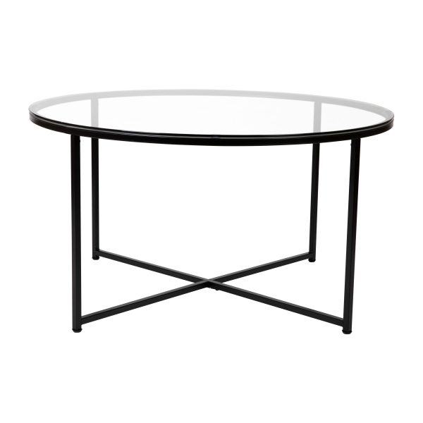 Glass Living Room Coffee Table with Crisscross Metal Frame