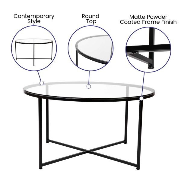 Glass Living Room Coffee Table with Crisscross Metal Frame