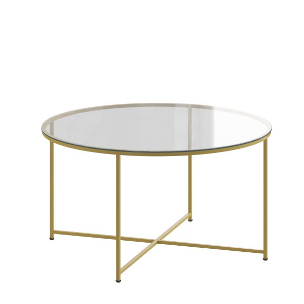 Glass Living Room Coffee Table with Crisscross Metal Frame