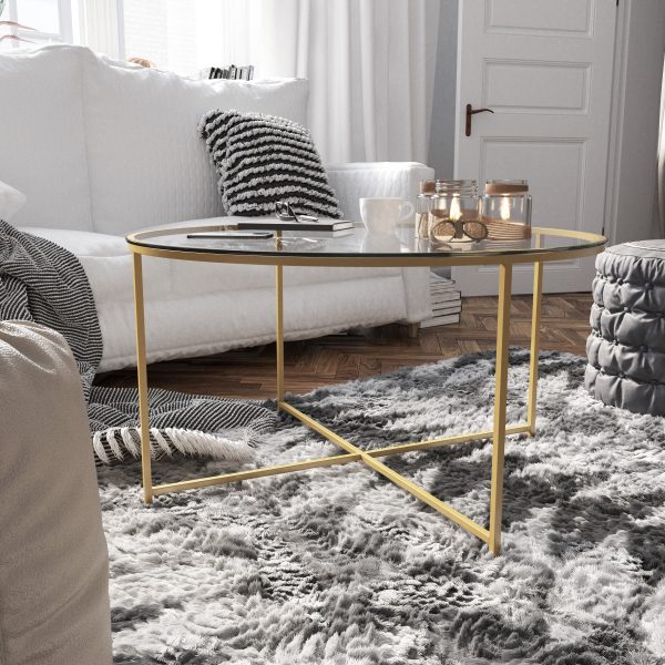 Glass Living Room Coffee Table with Crisscross Metal Frame