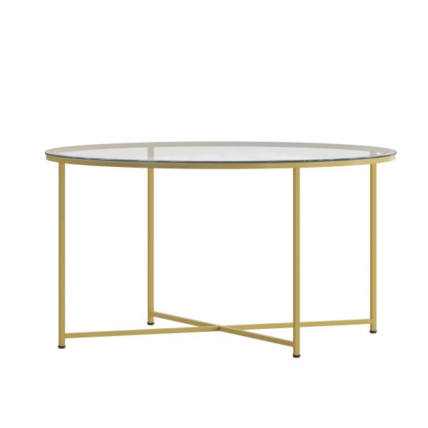 Glass Living Room Coffee Table with Crisscross Metal Frame