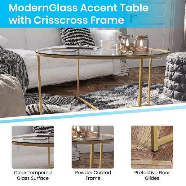 Glass Living Room Coffee Table with Crisscross Metal Frame