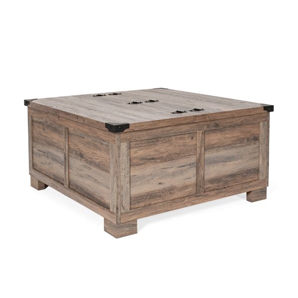 Marella Farmhouse Coffee Table with Clamshell Style Hinged Table Top and Hidden Storage