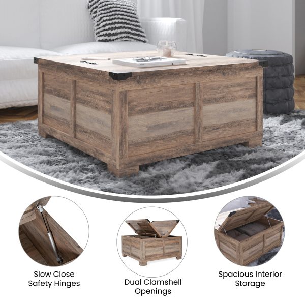 Marella Farmhouse Coffee Table with Clamshell Style Hinged Table Top and Hidden Storage