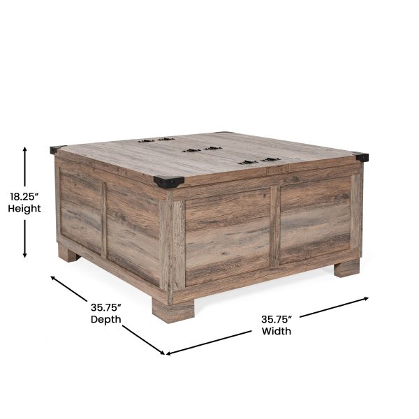Marella Farmhouse Coffee Table with Clamshell Style Hinged Table Top and Hidden Storage