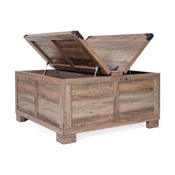 Marella Farmhouse Coffee Table with Clamshell Style Hinged Table Top and Hidden Storage