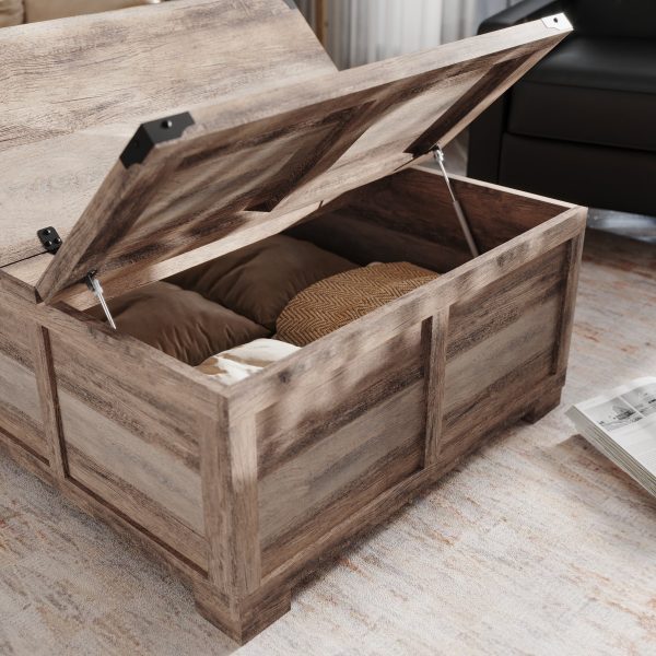 Marella Farmhouse Coffee Table with Clamshell Style Hinged Table Top and Hidden Storage
