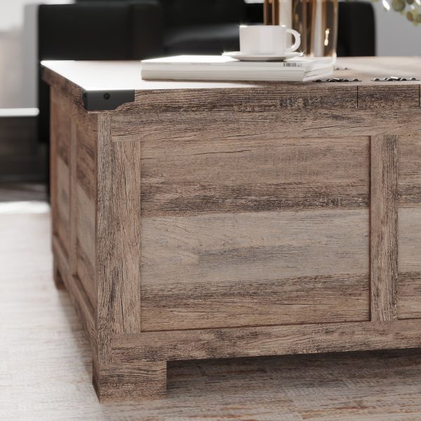 Marella Farmhouse Coffee Table with Clamshell Style Hinged Table Top and Hidden Storage