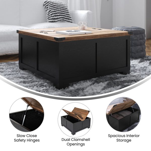 Marella Farmhouse Coffee Table with Clamshell Style Hinged Table Top and Hidden Storage