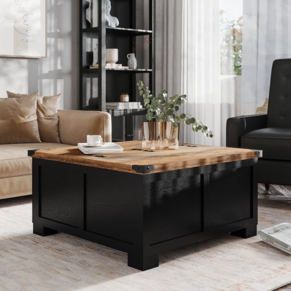 Marella Farmhouse Coffee Table with Clamshell Style Hinged Table Top and Hidden Storage