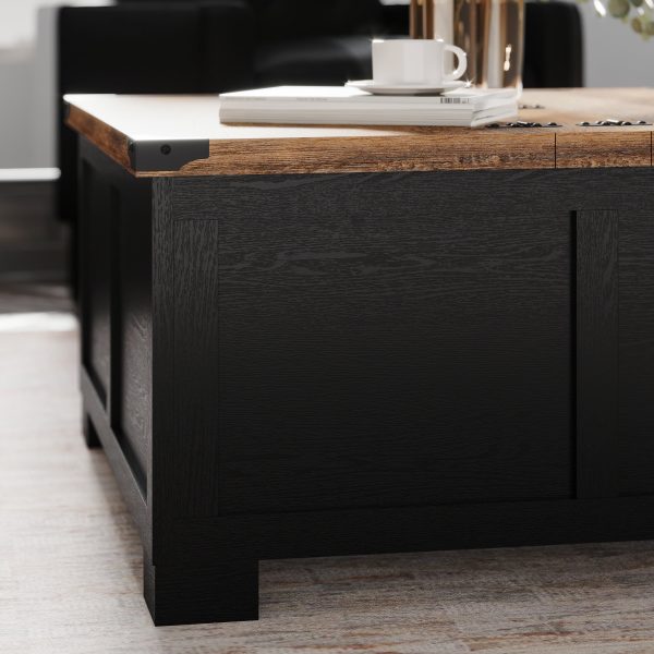 Marella Farmhouse Coffee Table with Clamshell Style Hinged Table Top and Hidden Storage