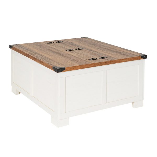 Marella Farmhouse Coffee Table with Clamshell Style Hinged Table Top and Hidden Storage