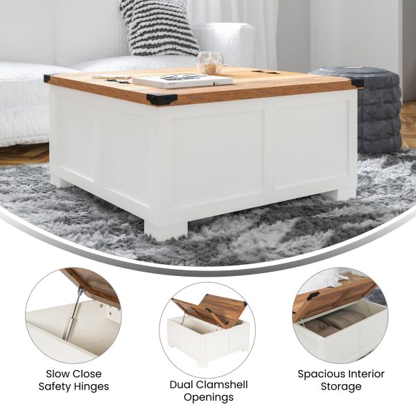 Marella Farmhouse Coffee Table with Clamshell Style Hinged Table Top and Hidden Storage