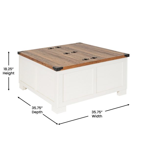 Marella Farmhouse Coffee Table with Clamshell Style Hinged Table Top and Hidden Storage