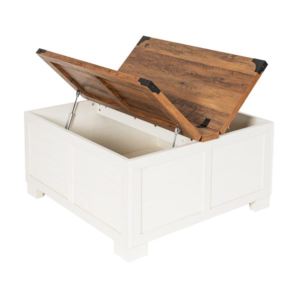 Marella Farmhouse Coffee Table with Clamshell Style Hinged Table Top and Hidden Storage