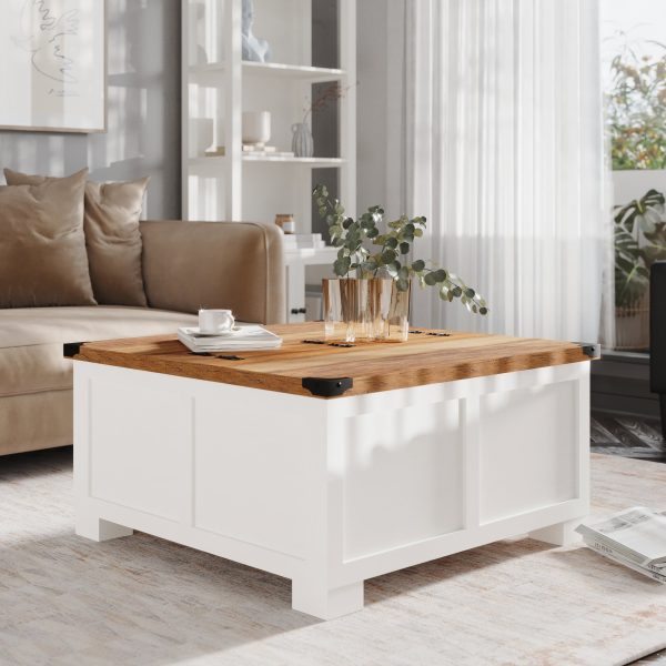 Marella Farmhouse Coffee Table with Clamshell Style Hinged Table Top and Hidden Storage
